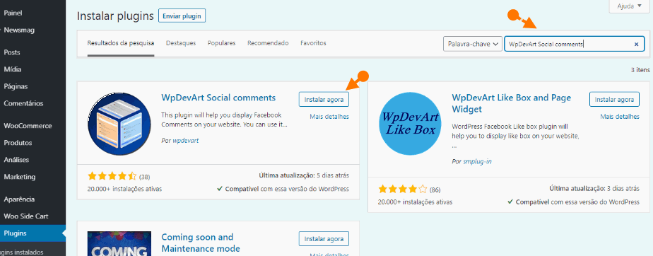 instalar o plugin de comentários do WpDevArt Social comments