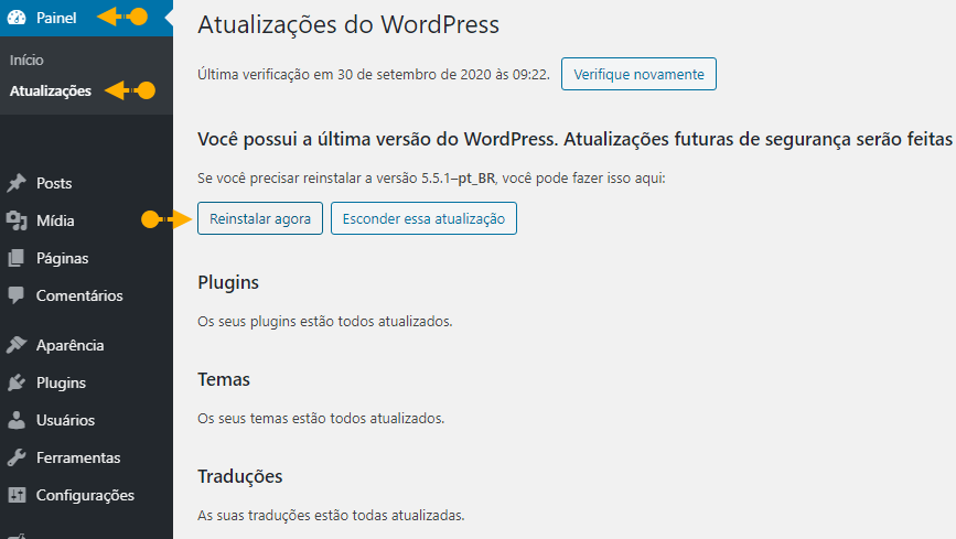 Reinstalar o WordPress pelo painel admin