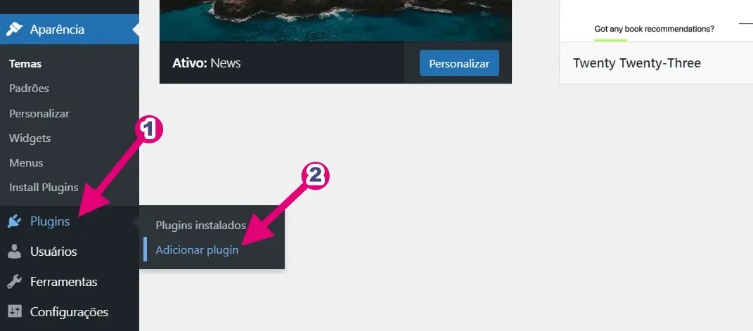 aponte para o link Plugins e clique em Adicionar Novo