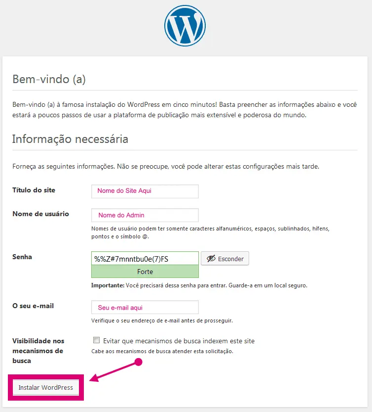 Preencher dados do WordPress