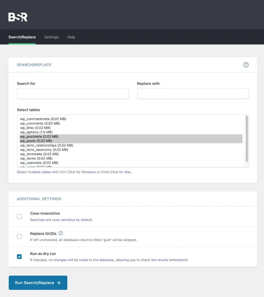 Painel do Plugin Better Search Replace